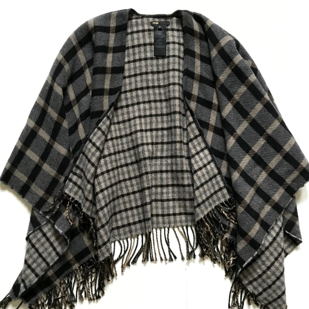 Maje Plaid Check Shawl Wrap Cape Womens OS Gray Black Tan Wool Blend Fringe MINT